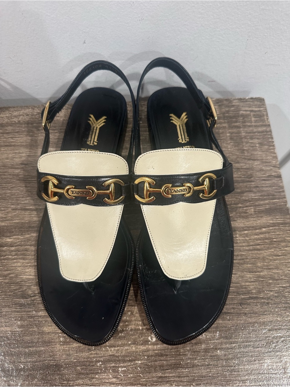 Two-Tone Black and Cream Slingback Mules with Gold Chain Accent